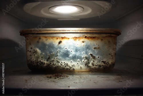 A forgotten container of leftovers in a fridge, spores puffing out when the lid is lifted.