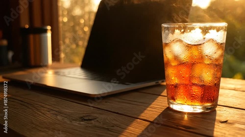 Cold cola with ice in a glass on a wooden table next to an open laptop with sunlight streaming through a window creating lens flare and a warm atmosphere outdoors