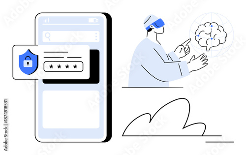 Cybersecurity, virtual reality, technology, data protection, online privacy, future innovations. Person using VR interacting with a digital brain. Cybersecurity and virtual reality concept
