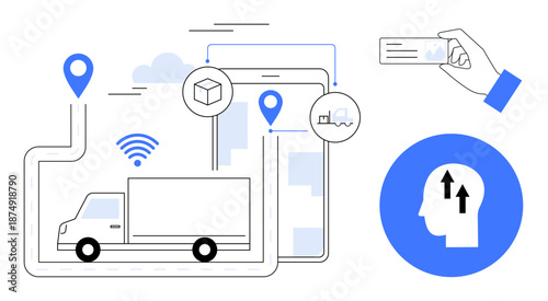 Logistics concept. Logistics illustrated with package tracking, connected transport, and data-driven supply chain. Logistics improving delivery efficiency and business operations. For supply chain
