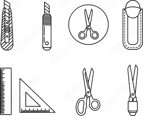 Collection of cutting and measuring tools cutter utility knife