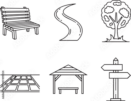 Park line bench road tree gazebo signpost park bench