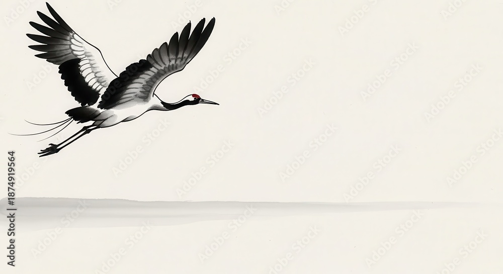 Fototapeta premium Majestic wading bird soars across a pale expanse in traditional brush style
