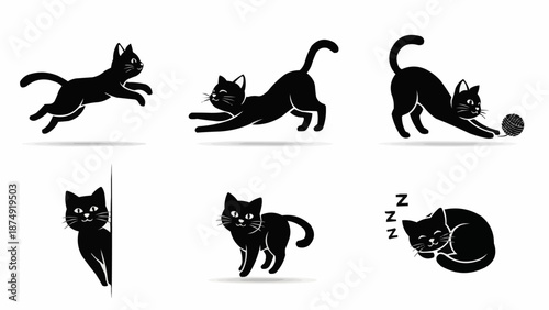 Collection of Black Cat Silhouettes in Various Poses.