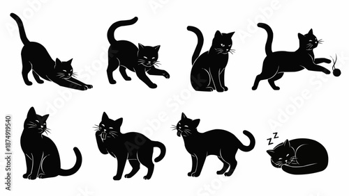 Collection of Black Cat Silhouettes in Various Poses.