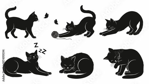 Collection of black cat silhouettes in various poses and activities.