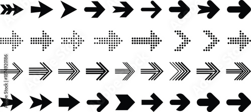 Black arrow icon mega set with solid dotted striped right direction symbols for navigation interfaces infographics diagrams and signage design