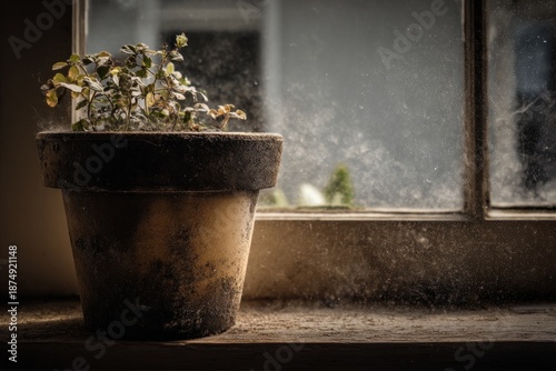 A moldy plant pot on a windowsill, spores drifting into the room.