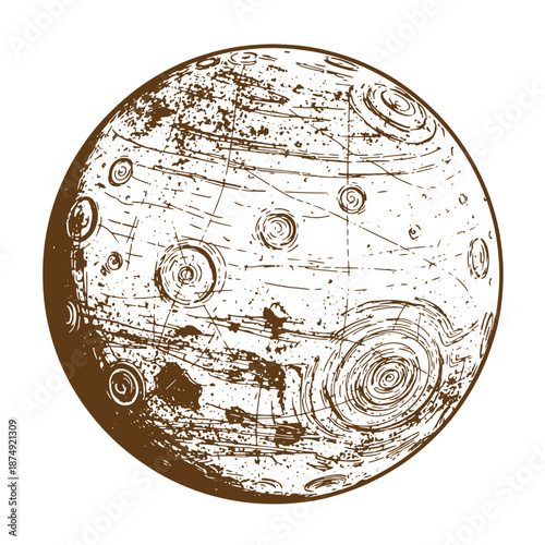 Drawing Vintage Brown planet with swirling patterns and scratches on surface illustration