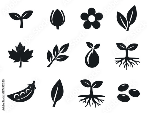 Minimalist icon nature set featuring sprouts, leaves, roots, and seeds for organic and ecological design