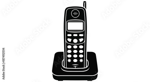 A striking black and white silhouette of a classic cordless telephone on its charging base silhouette