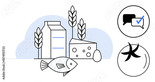 Milk carton, cheese, egg, fish, wheat spikes, approval checkmarks, and speech bubbles. Ideal for health nutrition food standards discussion certification quality dietary concepts. Minimal flat
