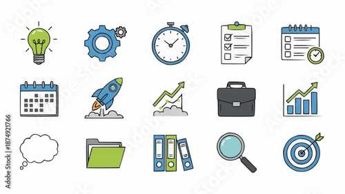 Collection of business and project management icons in doodle style.