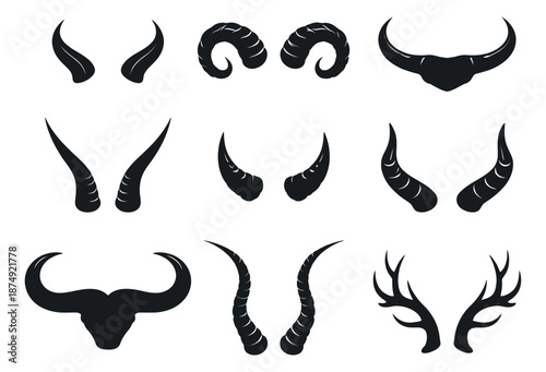 Graphic animal horn and antler set featuring various types of horns and antlers including ram, bull, and deer for animal-themed designs or mythological illustrations