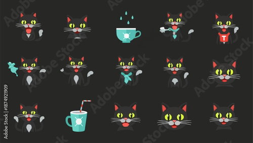 Collection of cartoon black cat faces and characters.