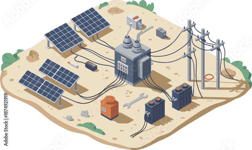 Isometric solar power station illustration, renewable energy system, photovoltaic panels, electrical infrastructure, clean technology, sustainable power generation concept