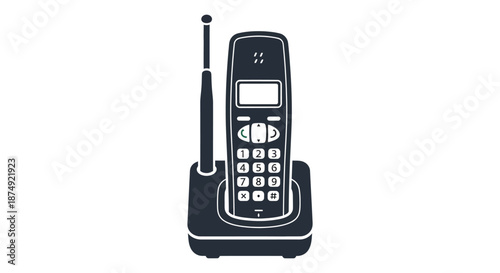 A dark silhouette of a classic cordless telephone with antenna showing detailed button layout silhouette