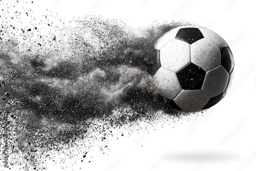 Naklejka premium Soccer ball breaks apart into a dark cloud of particles on a clean white background