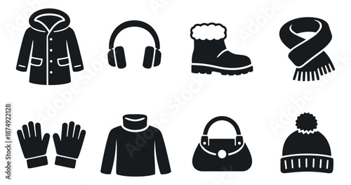 Simple icon winter clothes and accessories set featuring a coat, headphones, a boot, a scarf, gloves, a sweater, a bag, and a hat for cold weather
