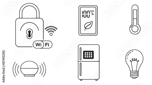 Smart home automation and IoT technology icon set featuring smart lock digital refrigerator eco light bulb and home assistant for modern property management business.