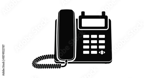 A stark black telephone icon is displayed featuring a coiled cord and classic design silhouette