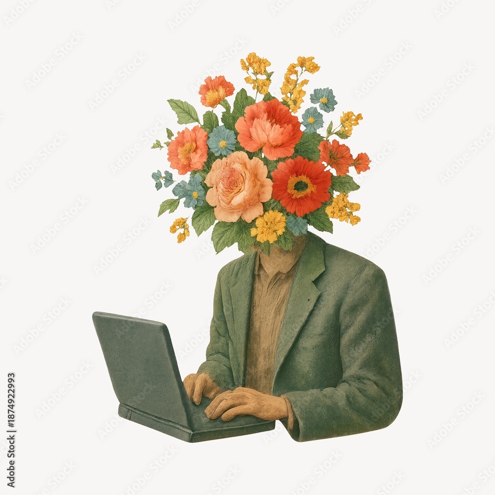 Fototapeta premium Surreal floral-headed person typing.