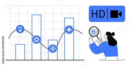 Data analysis concept. Data analysis ed with a graph and symbols showing trends. Data ensures accuracy in video quality and insights. For tech, business, analytics, education, and marketing