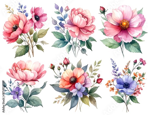 Six watercolor floral arrangements. Each features different flowers, including poppies and peonies, with green foliage on a white background