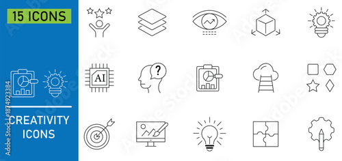 Set of creativity line icons. Variety of icons depict different aspects of industrial manufacturing. Containing idea, lightbulb, brain, meeting, business, creative, solution and more. Vector 