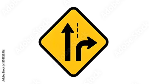 A yellow road sign with black arrows indicating a lane merge or direction change.