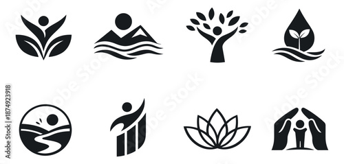 Modern abstract icon set featuring human figures and nature elements for wellness and ecology concepts