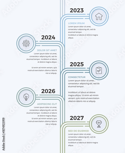 Vertical timeline infographic with five yearly milestones