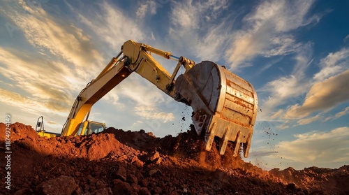 Excavator construction machinery earth industry sunset heavy equipment powerful excavator digging earth sunset construction