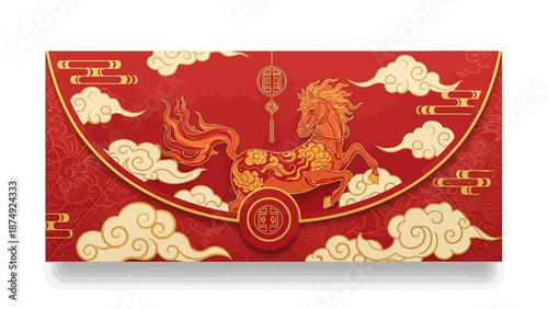 A red Angpao envelope with a golden Fire Horse design, symbolizing good fortune during Chinese New Year, against a clean white background.