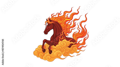 Illustration of a Fire Horse rearing up on clouds with flames, symbolizing the Chinese New Year and Angpao traditions.