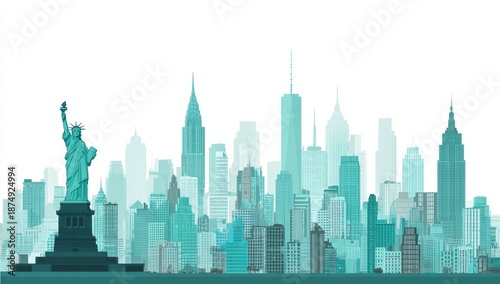 Silhouette of a famous city skyline with the Statue of Liberty in teal against a white backdrop