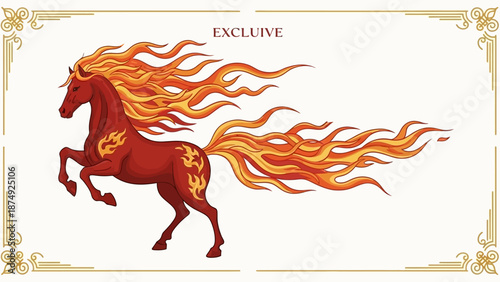 Illustration of a Fire Horse with flowing mane and tail, symbolizing the Chinese New Year, specifically the Fire Horse, against a clean white background with gold accents.