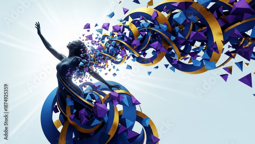 Woman with arms outstretched amidst swirling purple and blue