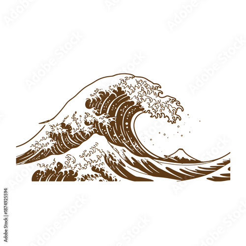 Drawing Vintage Brown wave crashing on shore with mountain in background  ocean graphic design element