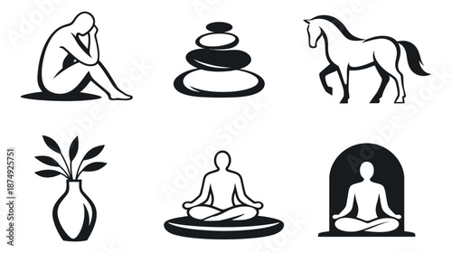 Modern graphic icon set featuring human figures, nature elements, and animal symbols for wellness and lifestyle branding