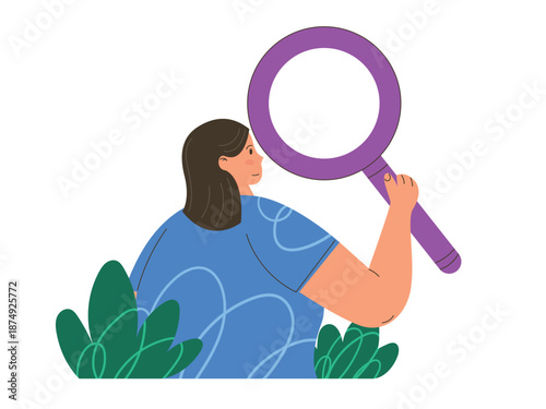 Woman holding a magnifying glass looking for details