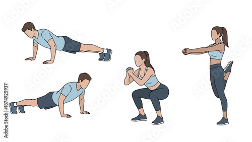 Illustrations showcasing male and female figures engaged in various common fitness exercises for a healthy lifestyle and workout routine