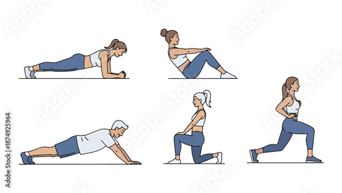 Diverse people performing various fitness routines for a healthy lifestyle and active workout plan illustration