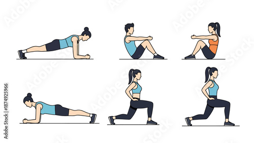 Diverse Fitness Exercises For Healthy Lifestyle Body Strength Training And Core Workout Routine Illustrations Set