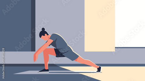 Athletic individual performing a dynamic stretch workout on a mat with sunlight casting shadows in a modern indoor space emphasizing healthy movement