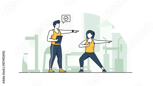 Fitness Coach Instructing Woman Performing Exercise in Gym Setting with Workout Equipment Visible in Background