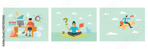 Finance or accounting document. Woman Meditating on Yoga Mat Outdoors. Marketing message.