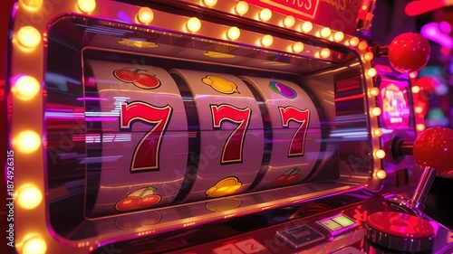 Lucky Sevens Jackpot: A captivating shot of a classic slot machine with triple sevens, representing a monumental win and a dazzling display of fortune.