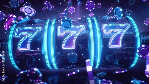 Lucky 7s: A Neon Casino Delight: The iconic 777 lights up a neon slot machine, with casino chips swirling around, signifying luck and potential winnings, beckoning thrill-seekers to try their fortune.
