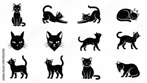 Collection of Black Cat Silhouettes in Various Poses.